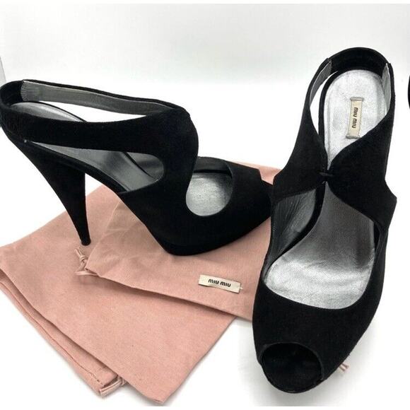 Miu Miu Black Suede Sling Back Peep Toe Heels Sandals 40 - Picture 2 of 4